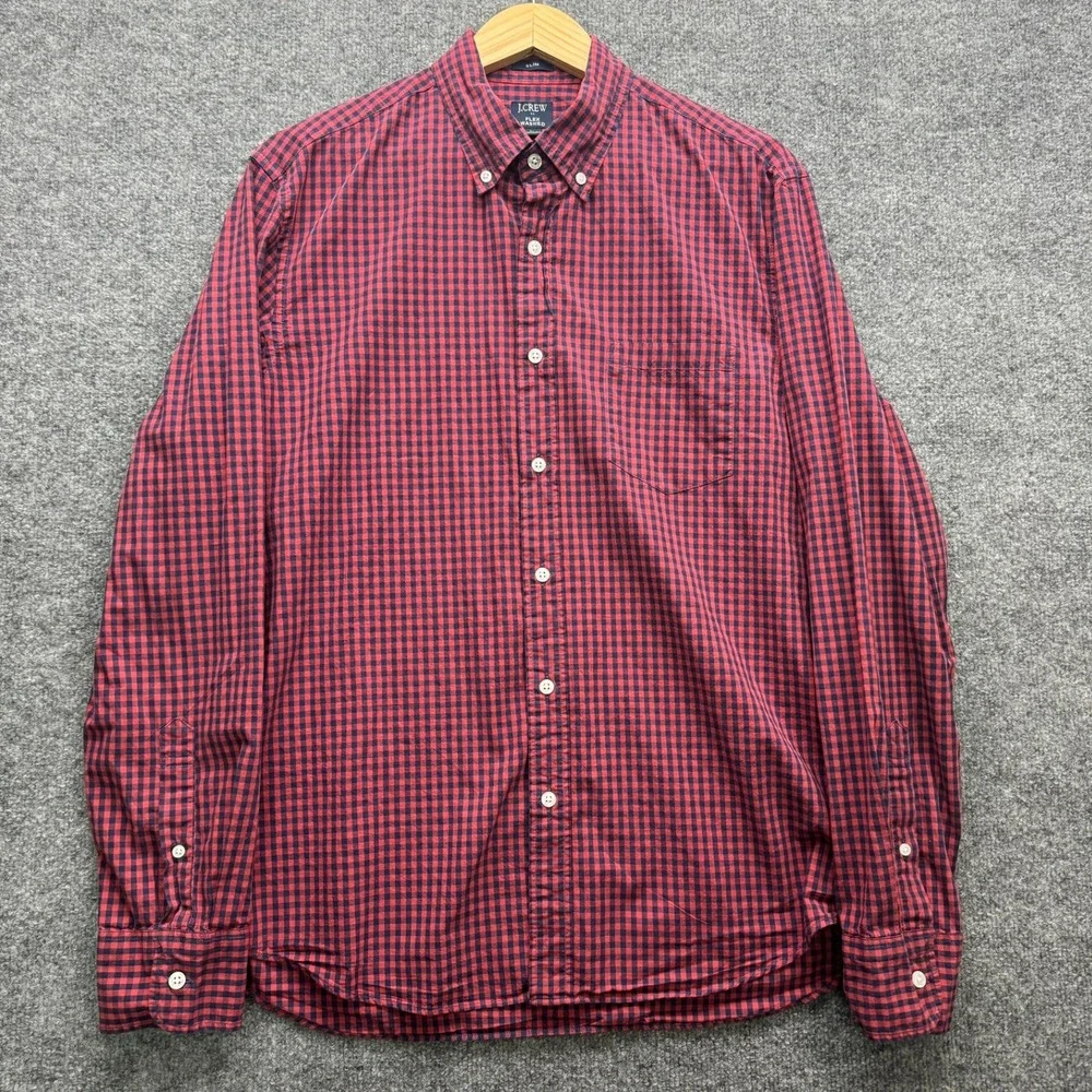 J.Crew Button-Down Shirt Mens Size L Red Navy Gingham Slim Fit Long‎ Sleeve Flex
